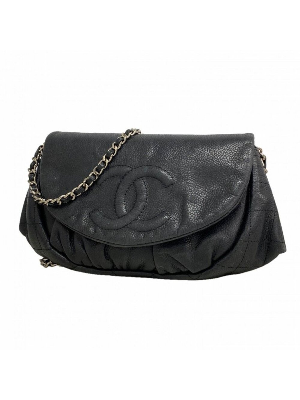 Chanel Shoulder Bag Quilted Caviar Leather Black Silver
